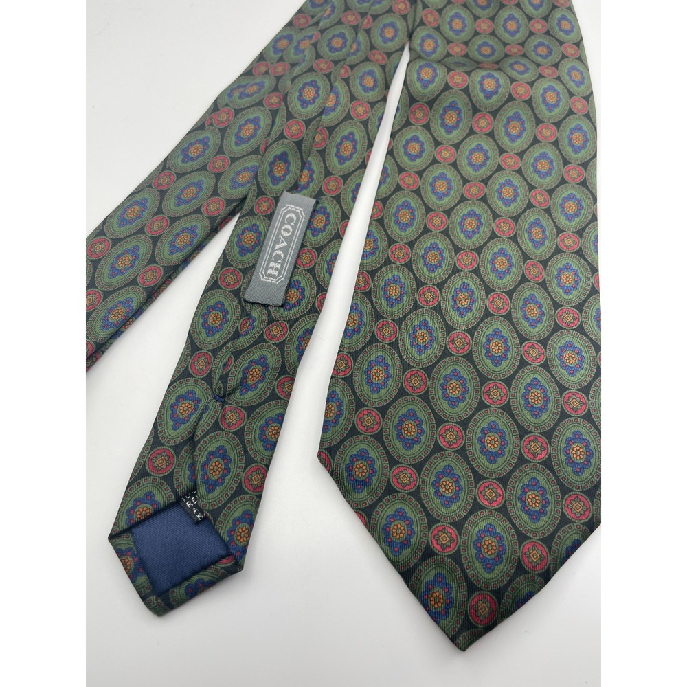 Coach Mens Silk Necktie Green Blue Red Medallion Foulard Geometric Made in Italy